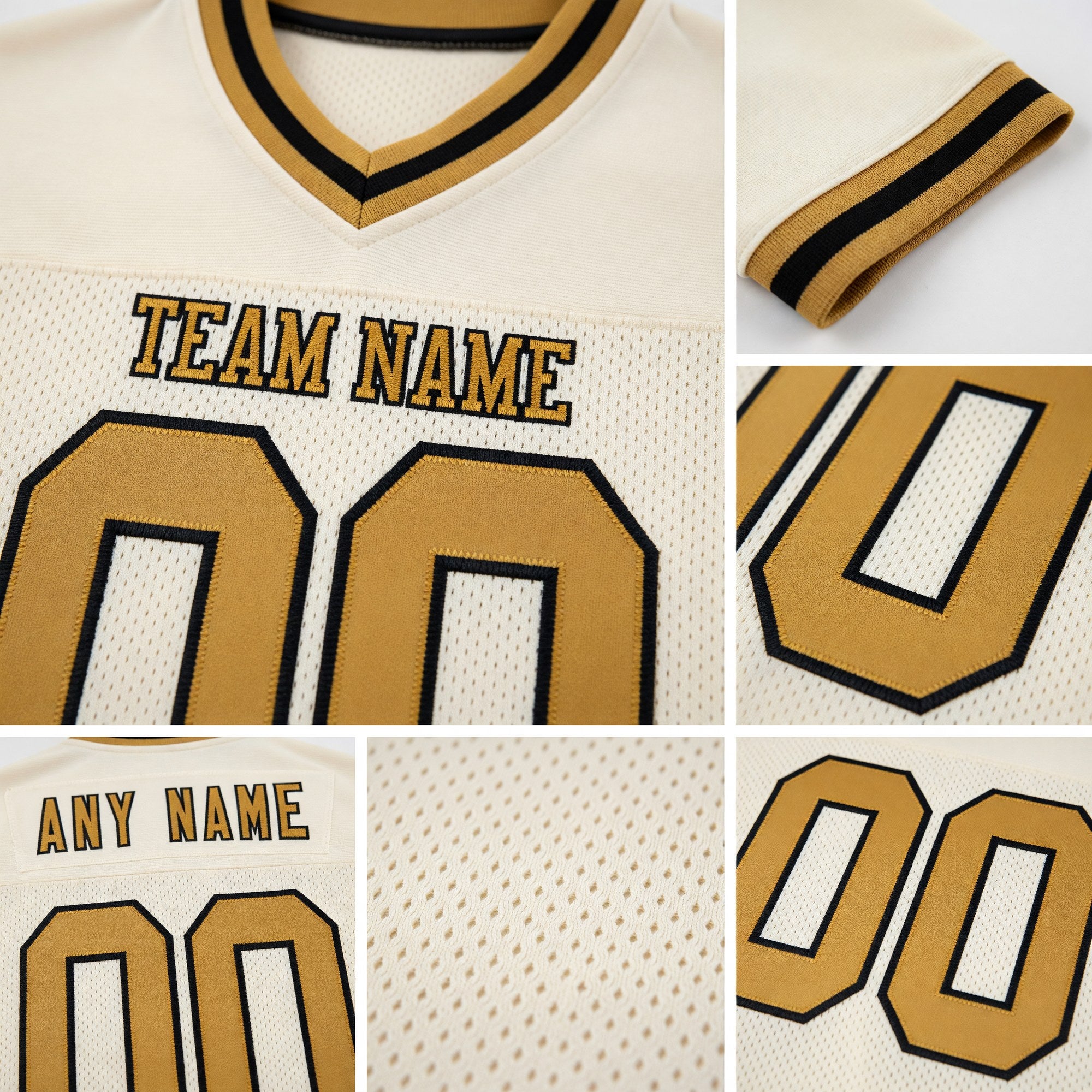 Custom Cream Old Gold-Black Mesh Authentic Throwback Football Jersey detail