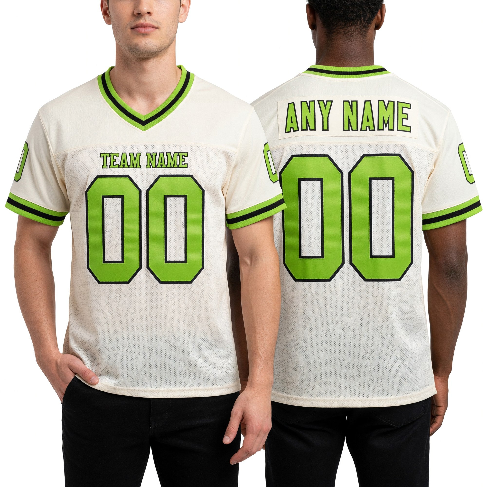 Custom Cream Neon Green-Black Mesh Authentic Throwback Football Jersey worn front and back