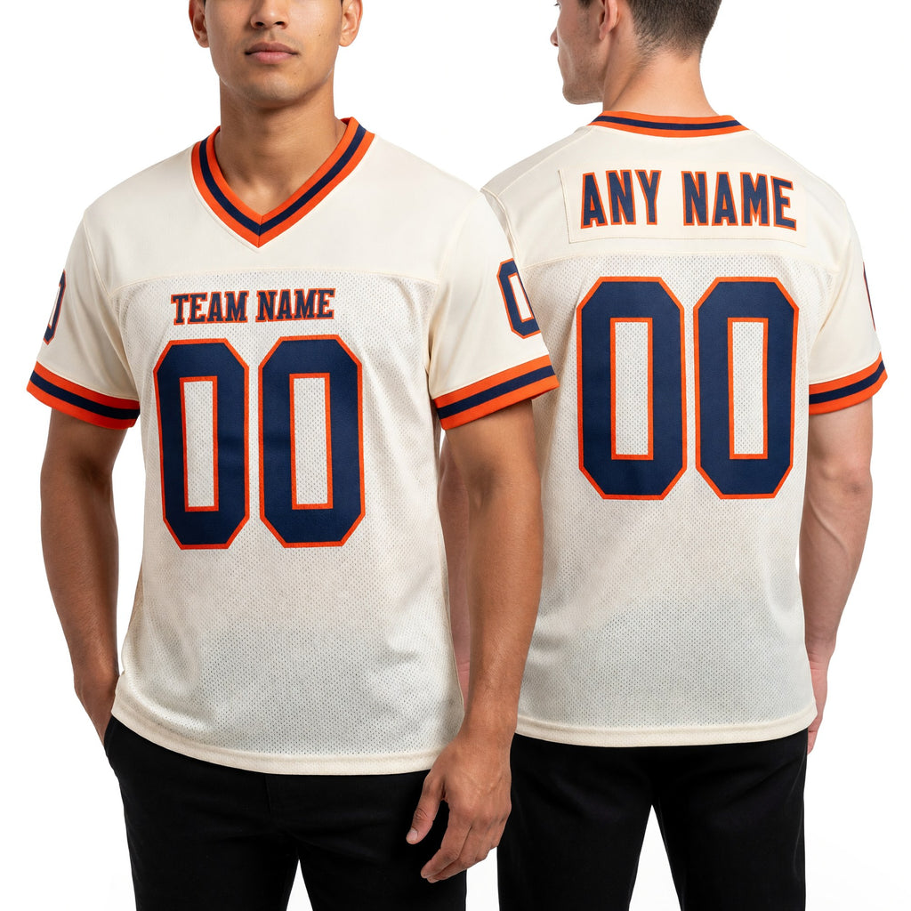 Custom Cream Navy-Orange Mesh Authentic Throwback Football Jersey worn front and back