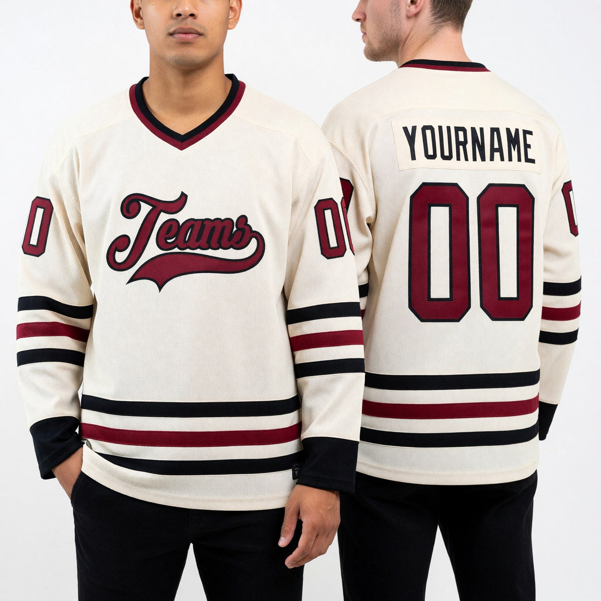 Custom Cream Maroon-Black Hockey Jersey worn front and back