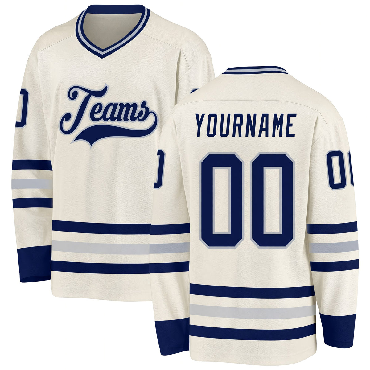 Custom Cream Navy-Gray Hockey Jersey