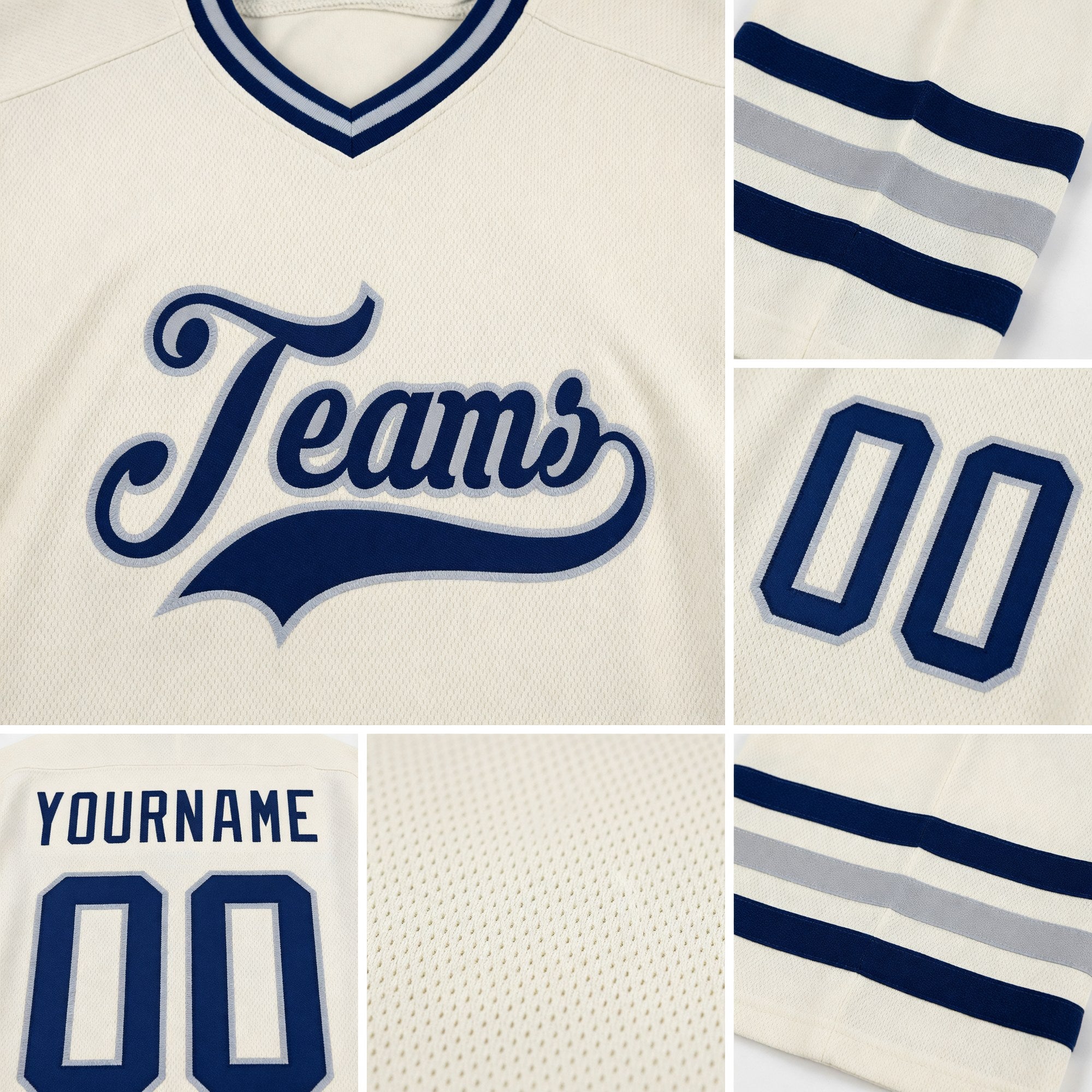 Custom Cream Navy-Gray Hockey Jersey detail