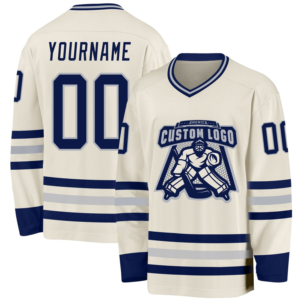Custom Cream Navy-Gray Hockey Jersey photo 2