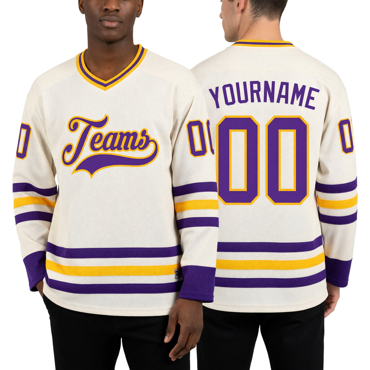 Custom Cream Purple-Gold Hockey Jersey worn front and back