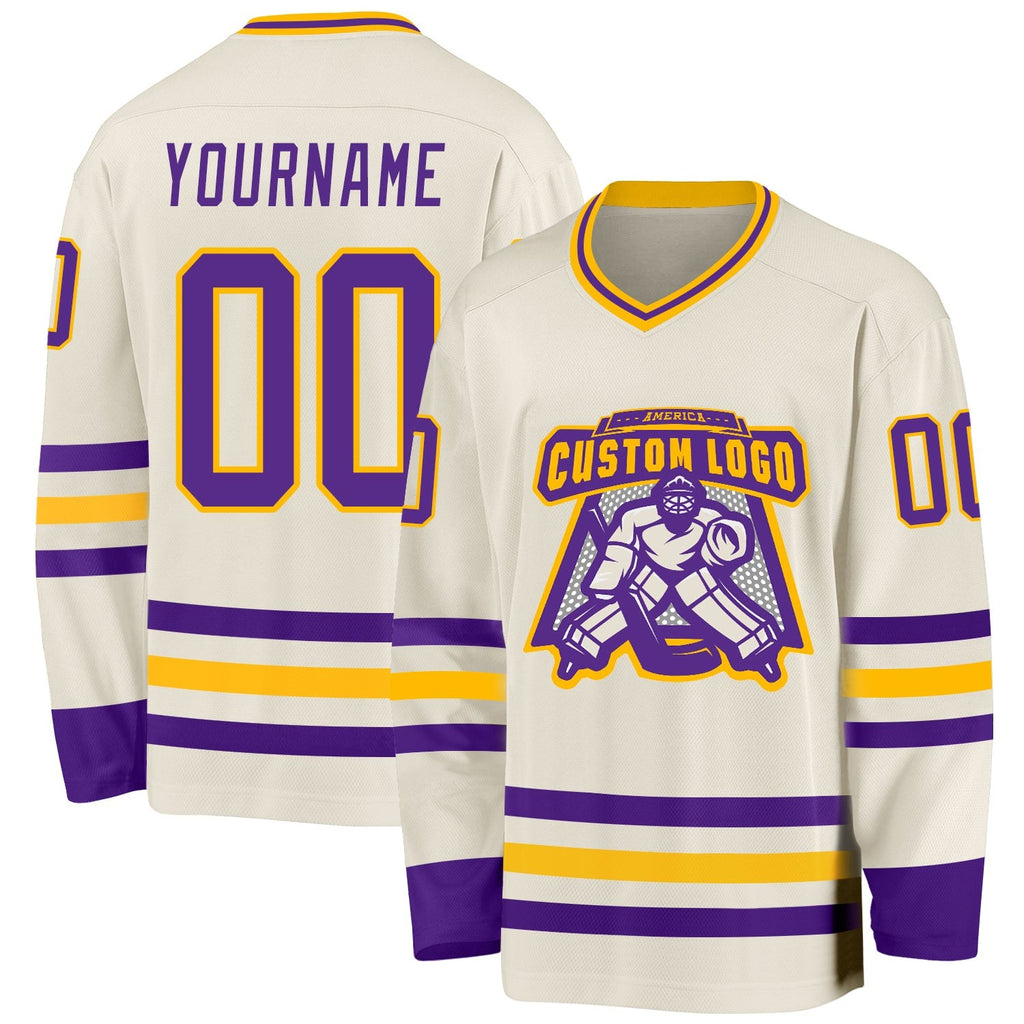 Custom Cream Purple-Gold Hockey Jersey photo 2