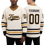 Custom Cream Black-Old Gold Hockey Jersey worn front and back