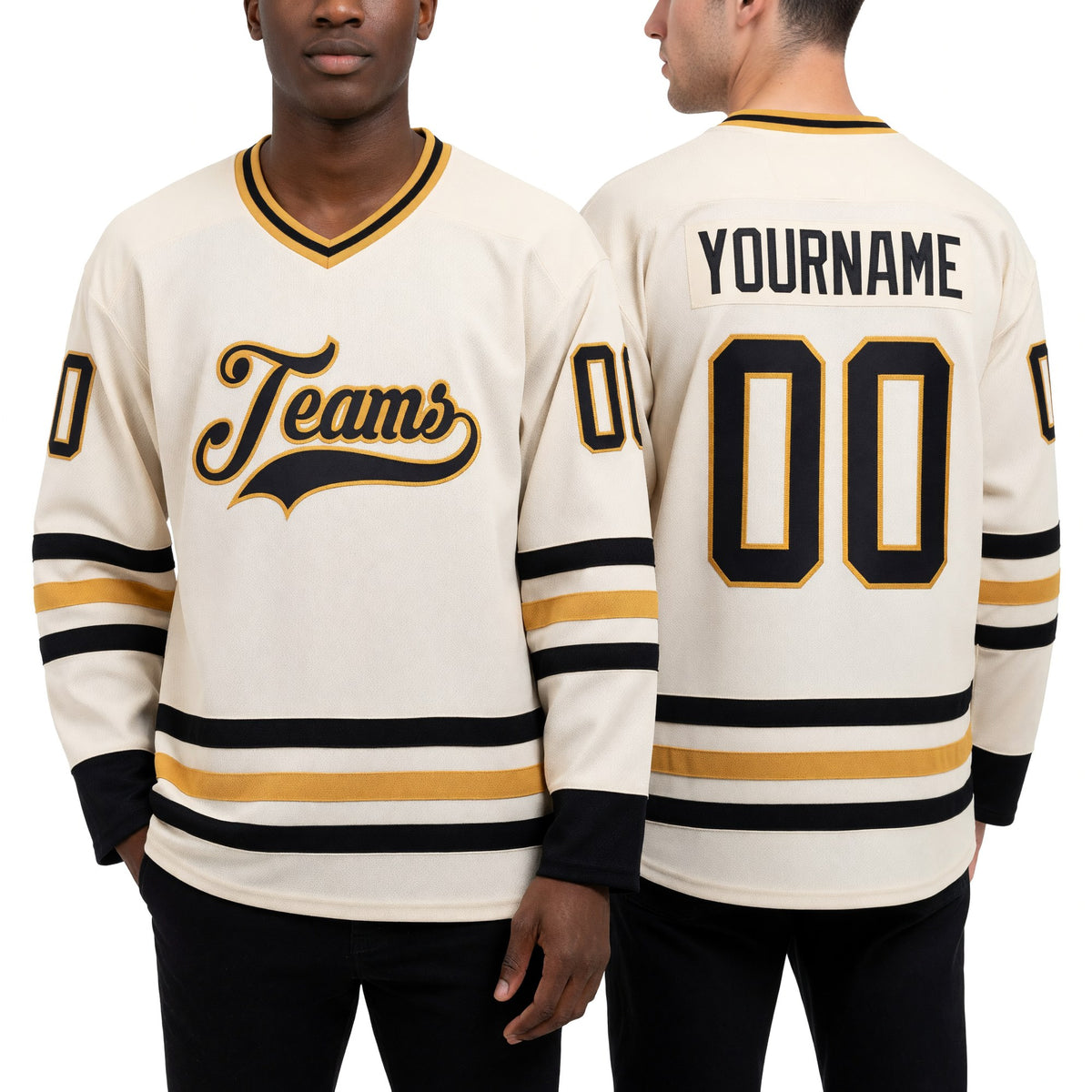 Custom Cream Black-Old Gold Hockey Jersey worn front and back