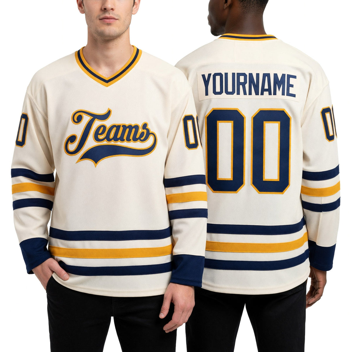 Custom Cream Navy-Old Gold Hockey Jersey worn front and back