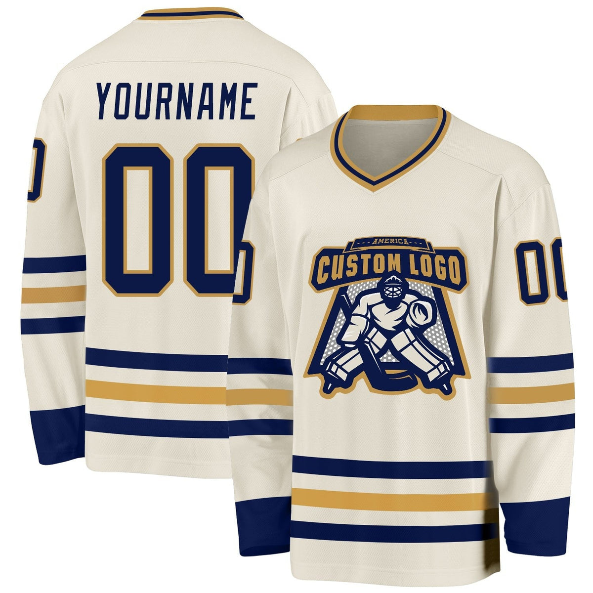 Custom Cream Navy-Old Gold Hockey Jersey photo 2
