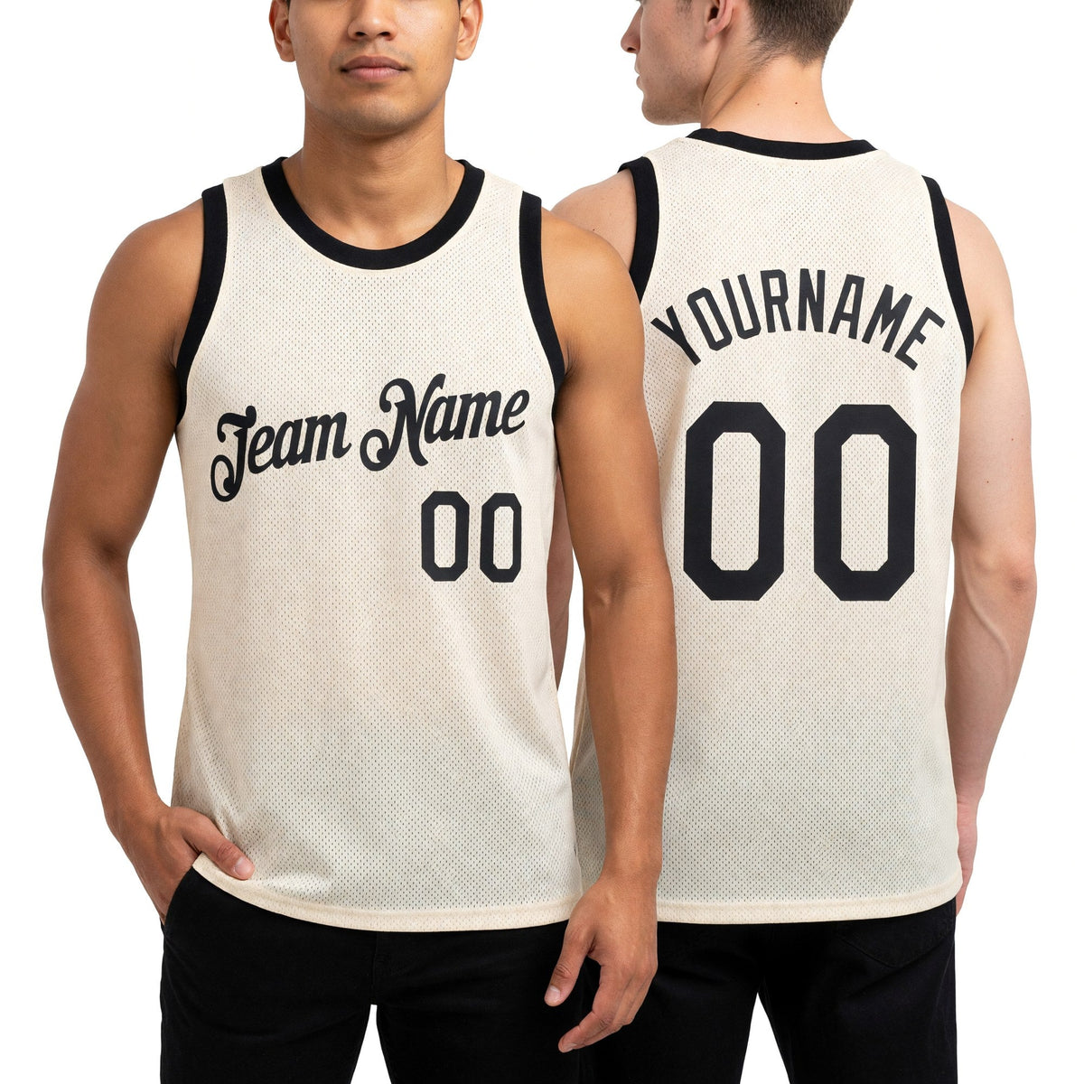 Custom Cream Black Authentic Throwback Basketball Jersey worn front and back