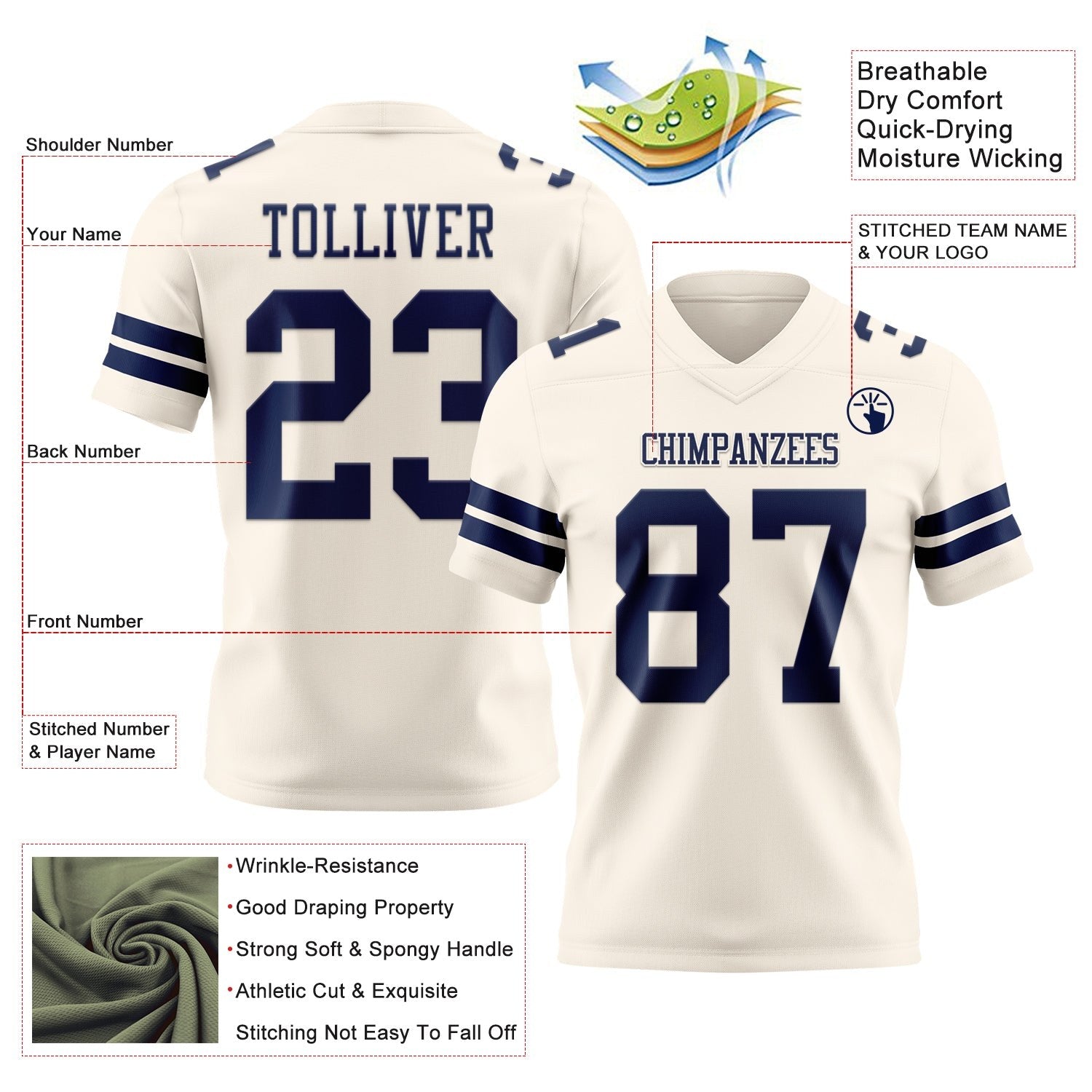 Custom Cream Navy Authentic Football Jersey photo 3