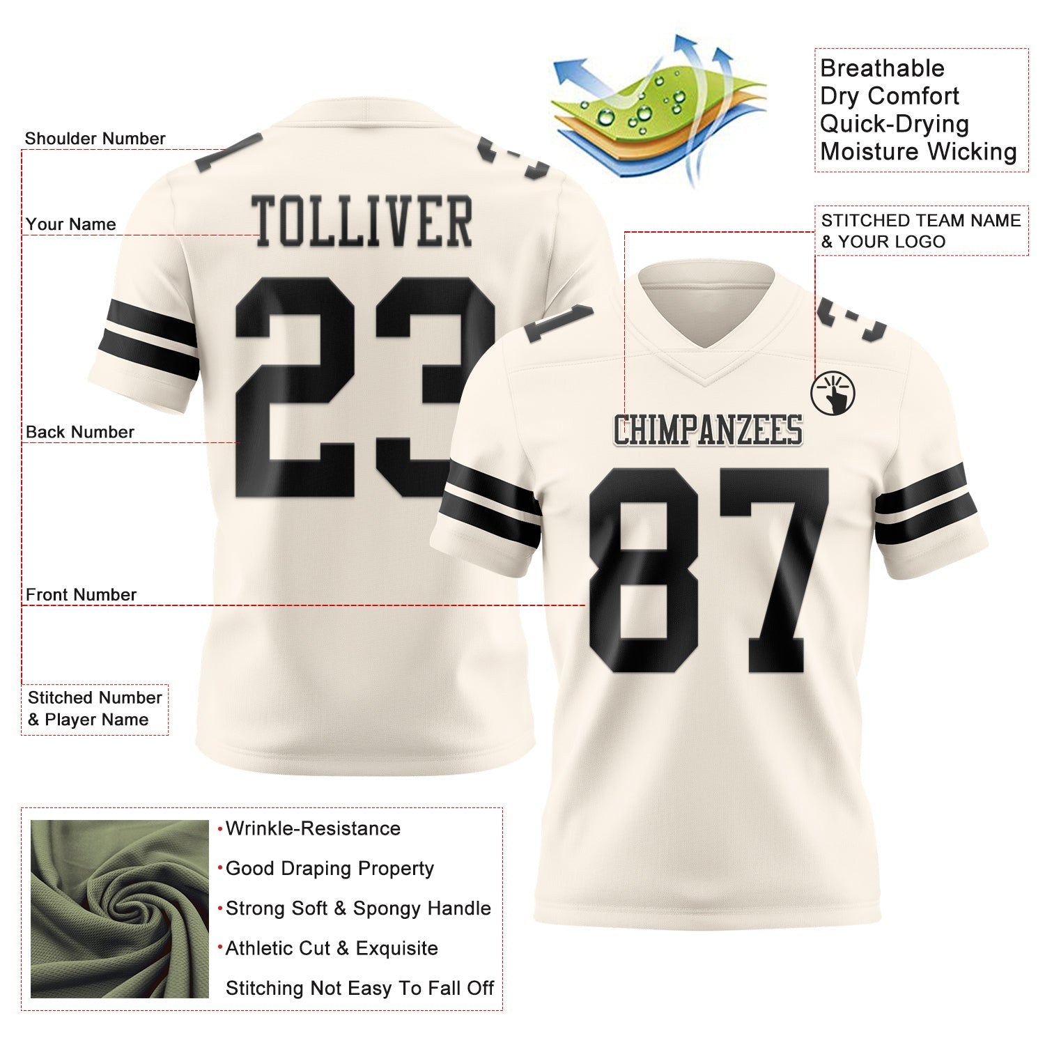 Custom Cream Black Authentic Football Jersey photo 3