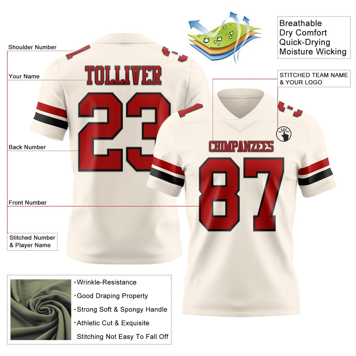 Custom Cream Red-Black Authentic Football Jersey photo 3
