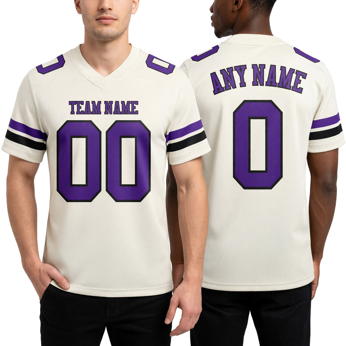 Custom Cream Purple-Black Authentic Football Jersey worn front and back