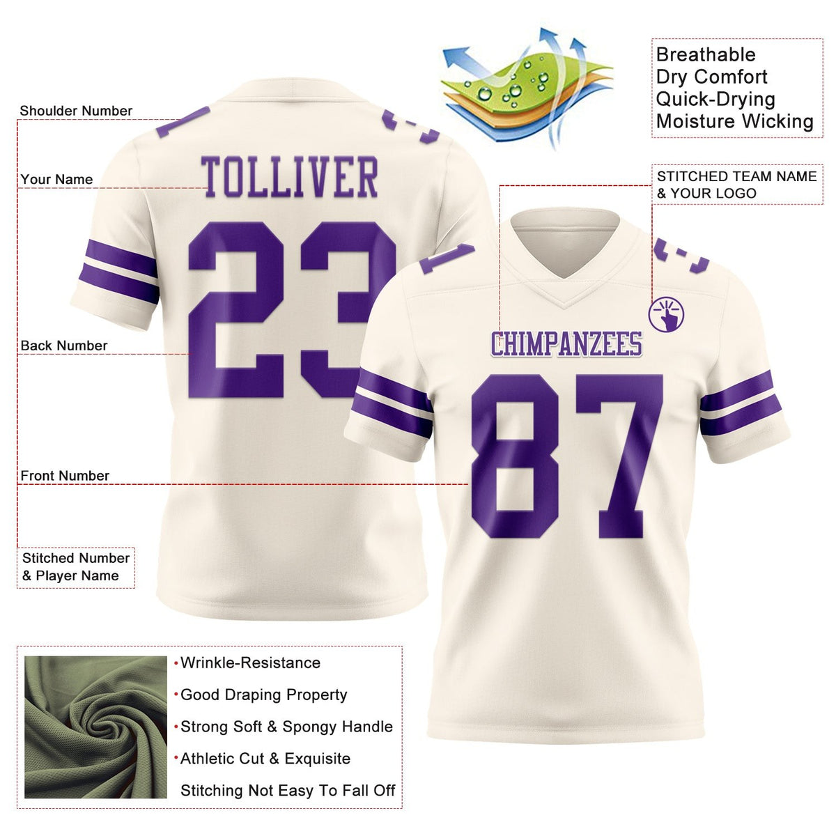 Custom Cream Purple Authentic Football Jersey photo 3