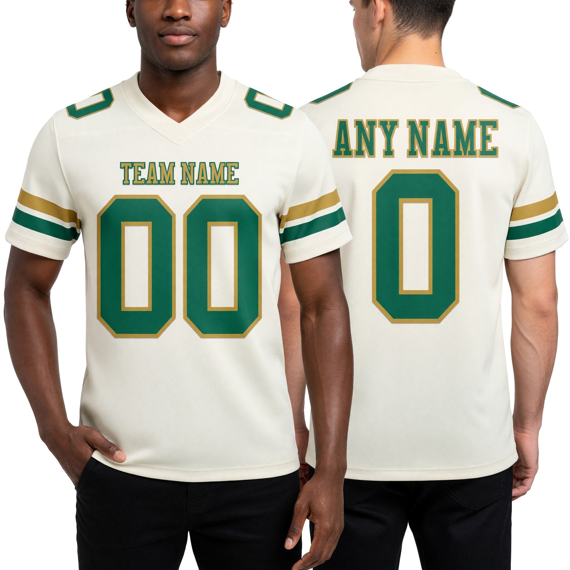 Custom Cream Kelly Green-Old Gold Authentic Football Jersey worn front and back