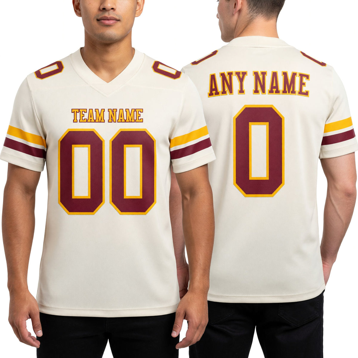 Custom Cream Crimson-Gold Authentic Football Jersey worn front and back