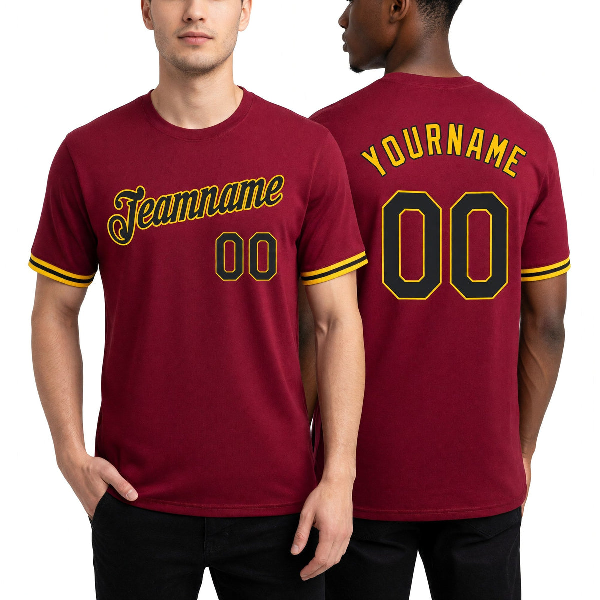 Custom Crimson Black-Gold Performance T-Shirt worn front and back