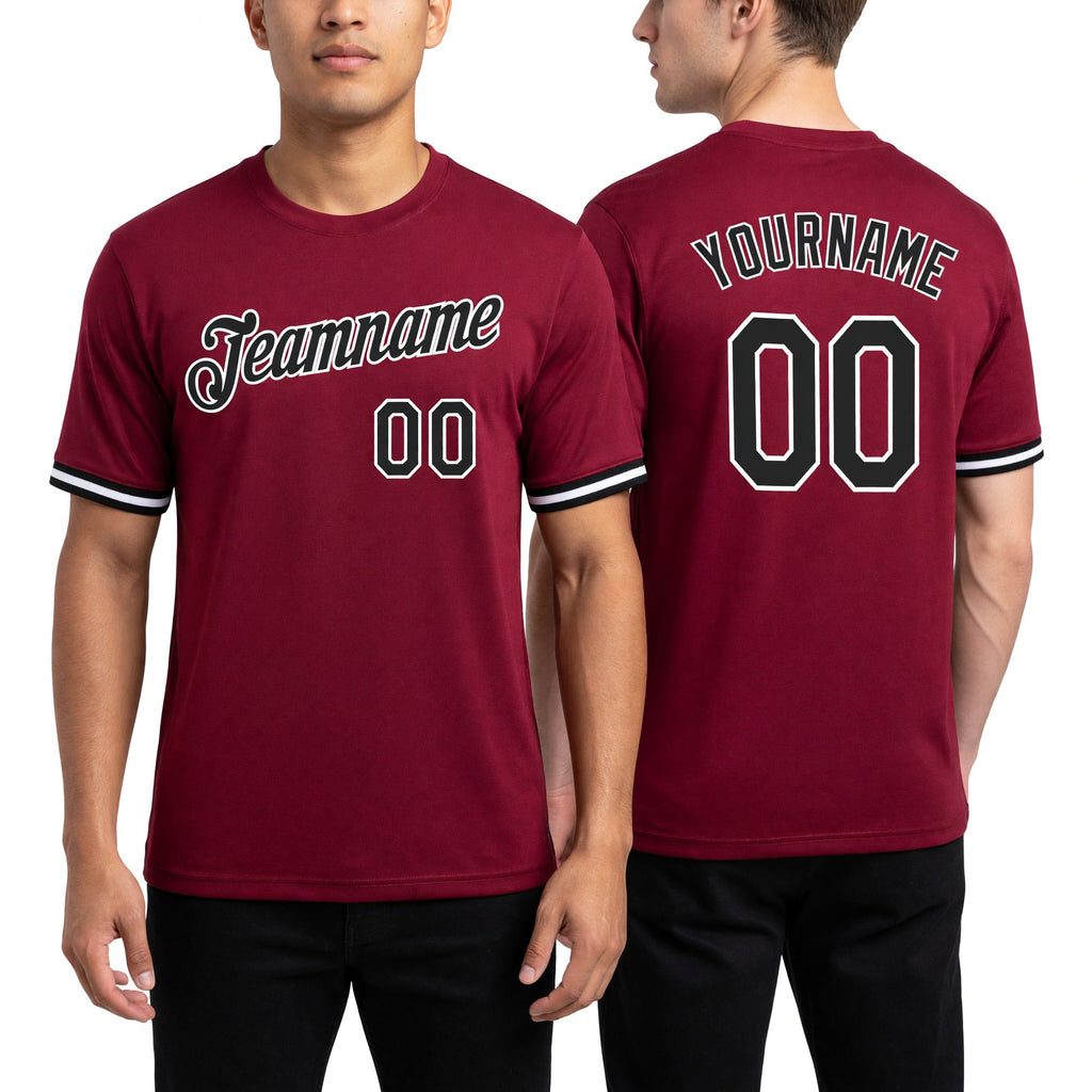 Custom Crimson Black-White Performance T-Shirt worn front and back