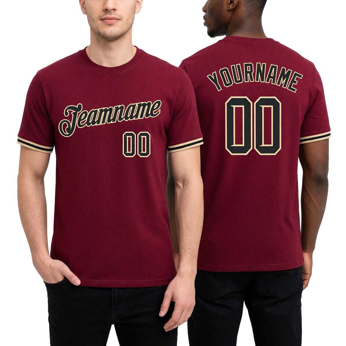 Custom Crimson Black-City Cream Performance T-Shirt worn front and back