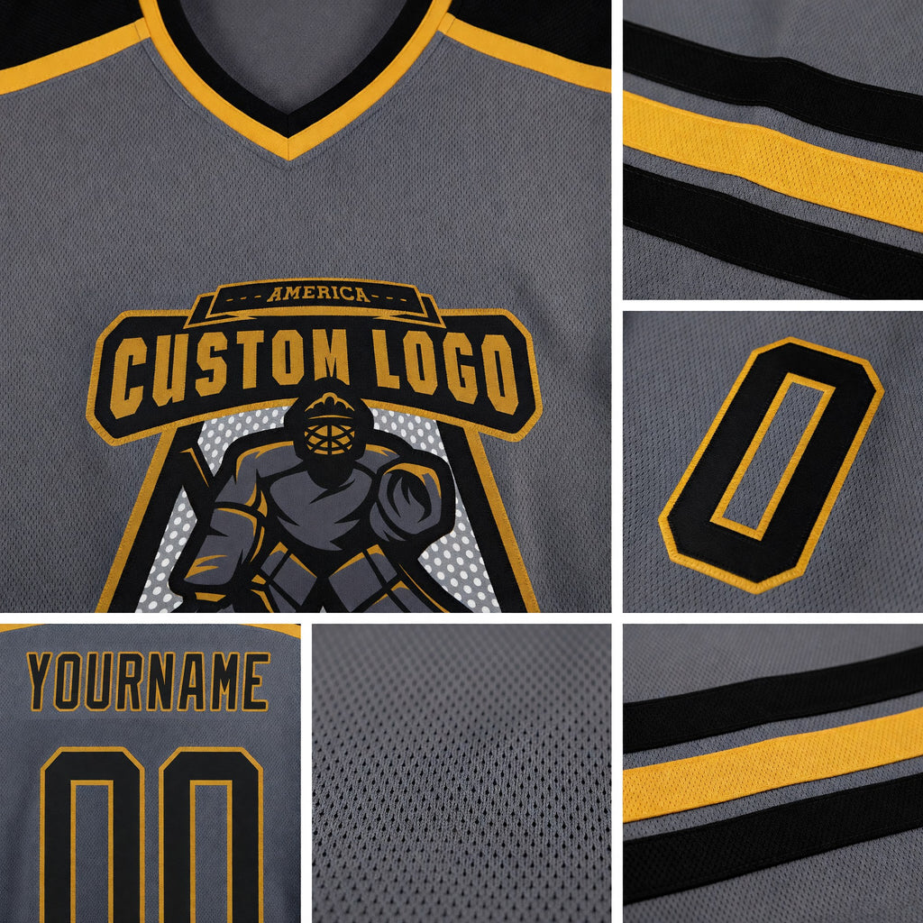 Custom Steel Gray Black-Old Gold Hockey Jersey detail