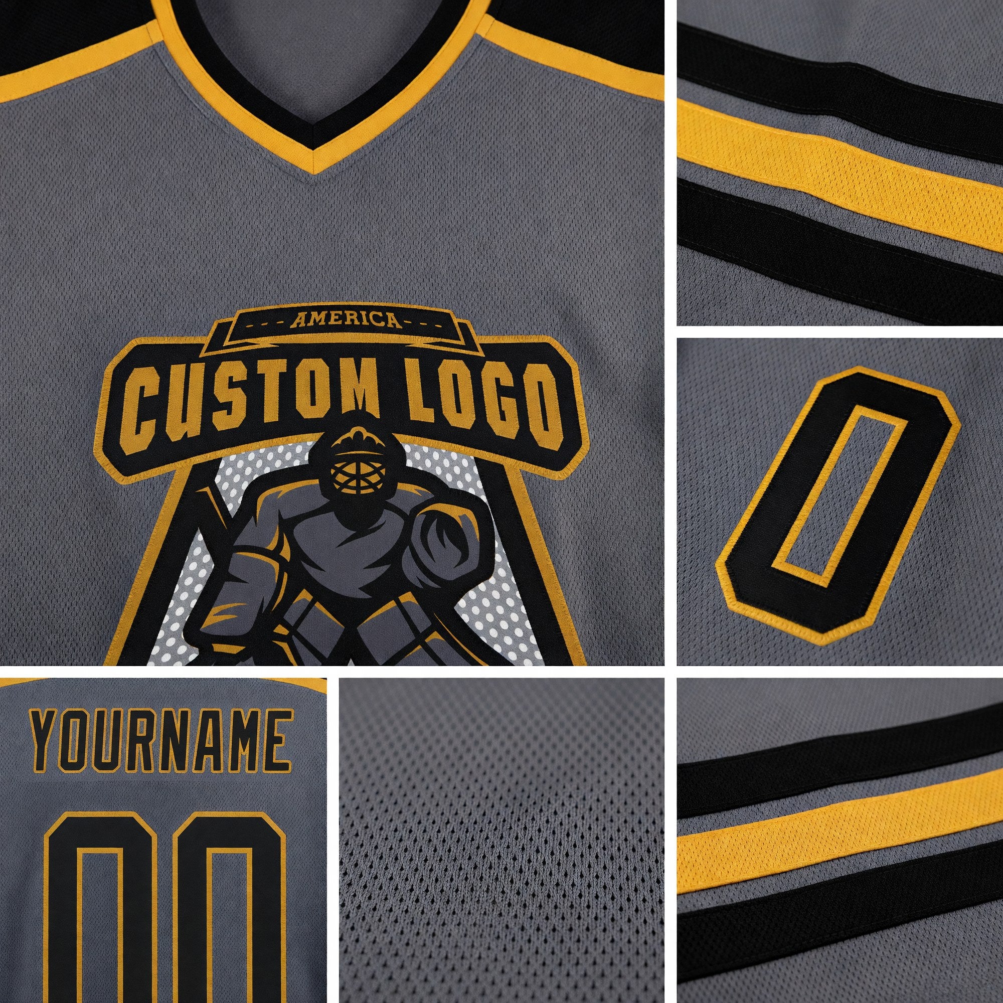 Custom Steel Gray Black-Old Gold Hockey Jersey detail