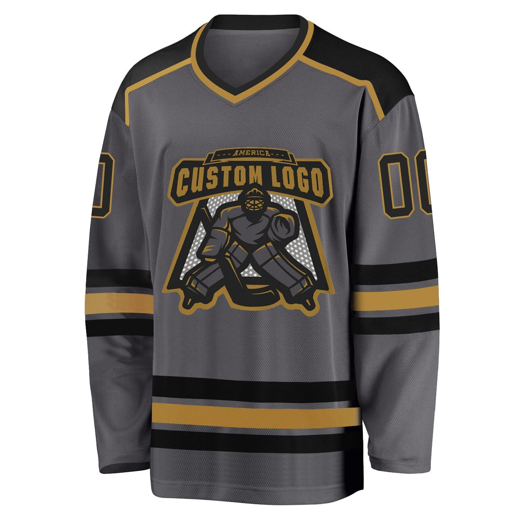 Custom Steel Gray Black-Old Gold Hockey Jersey photo 2