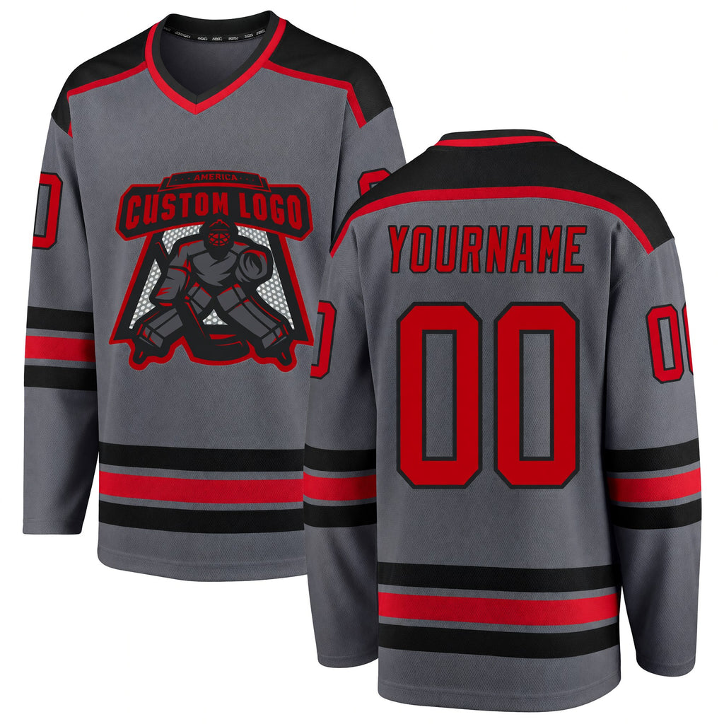 Custom Steel Gray Red-Black Hockey Jersey