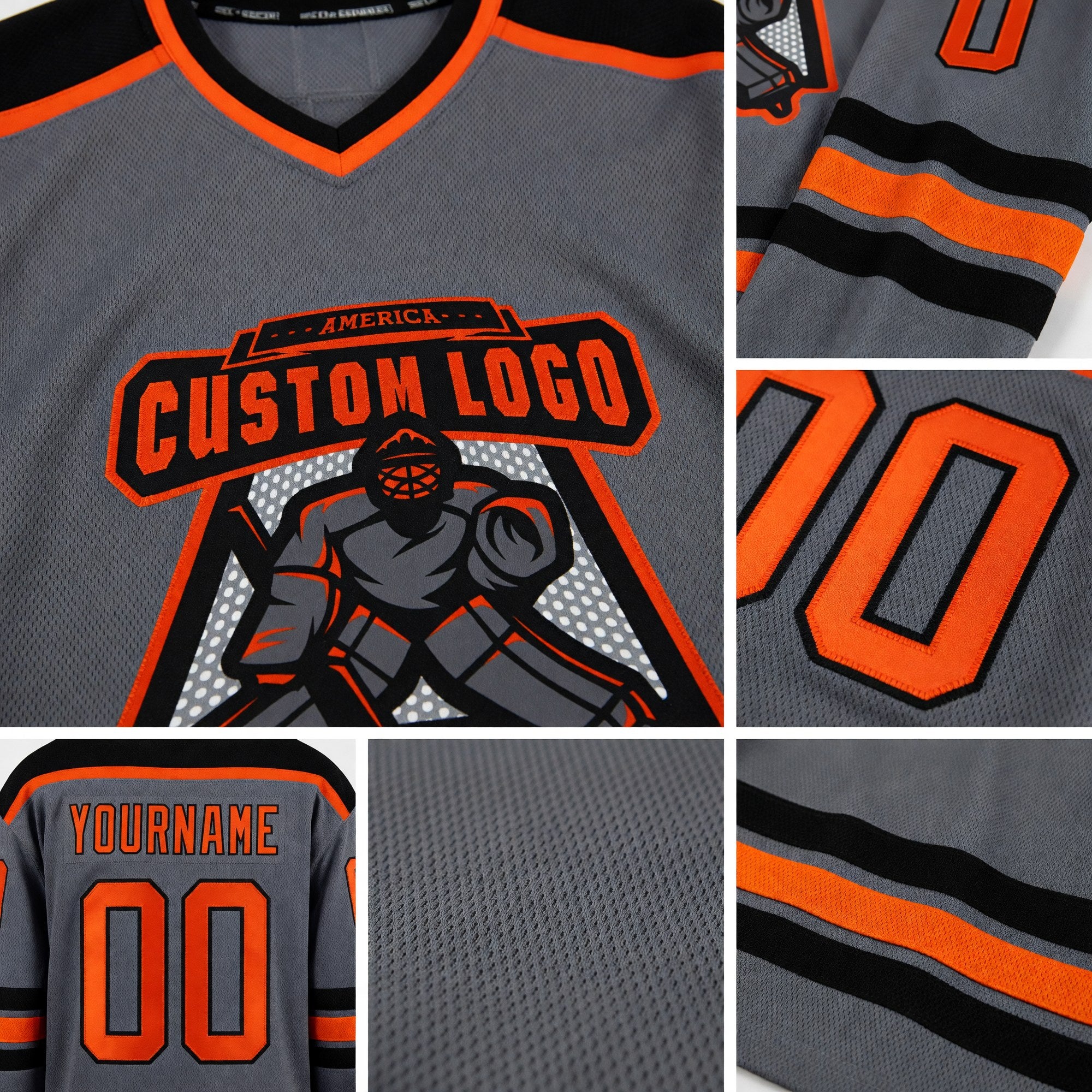 Custom Steel Gray Orange-Black Hockey Jersey detail