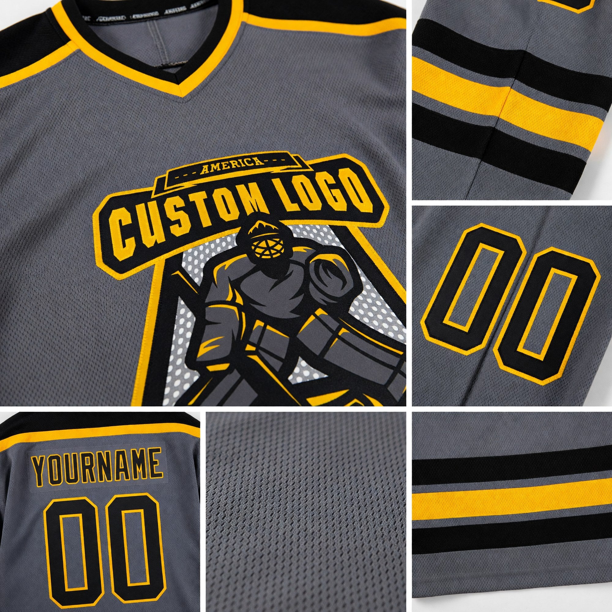 Custom Steel Gray Black-Gold Hockey Jersey detail