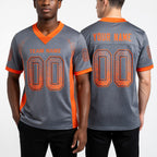 Custom Gray Orange-Navy Drift Fashion Football Jersey worn front and back