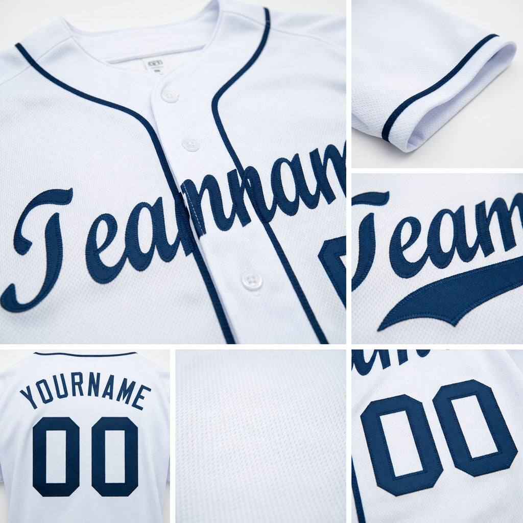 Custom White Navy Baseball Jersey detail