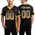 Custom Black Old Gold-White Drift Fashion Football Jersey worn front and back