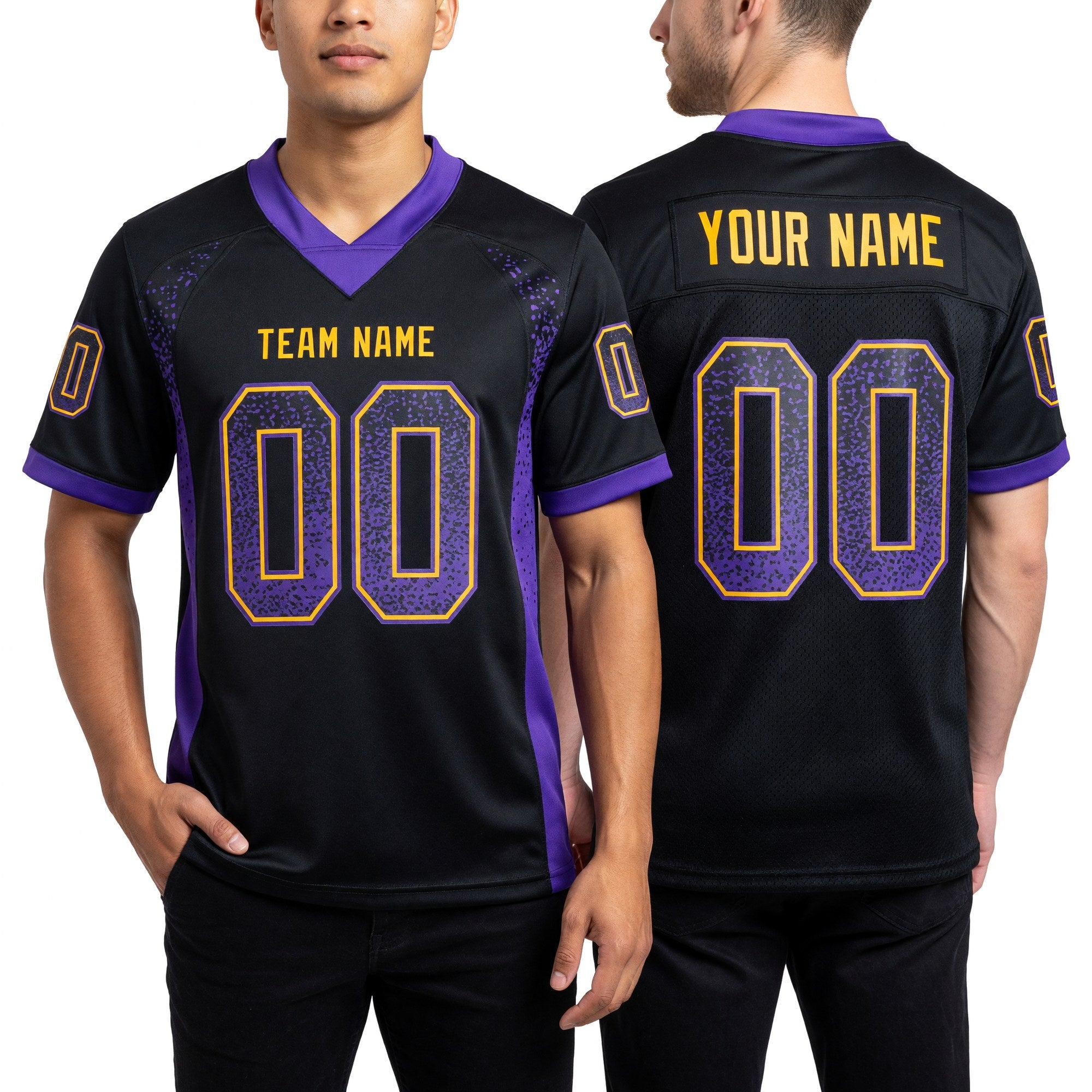 Custom Black Purple-Gold Drift Fashion Football Jersey worn front and back