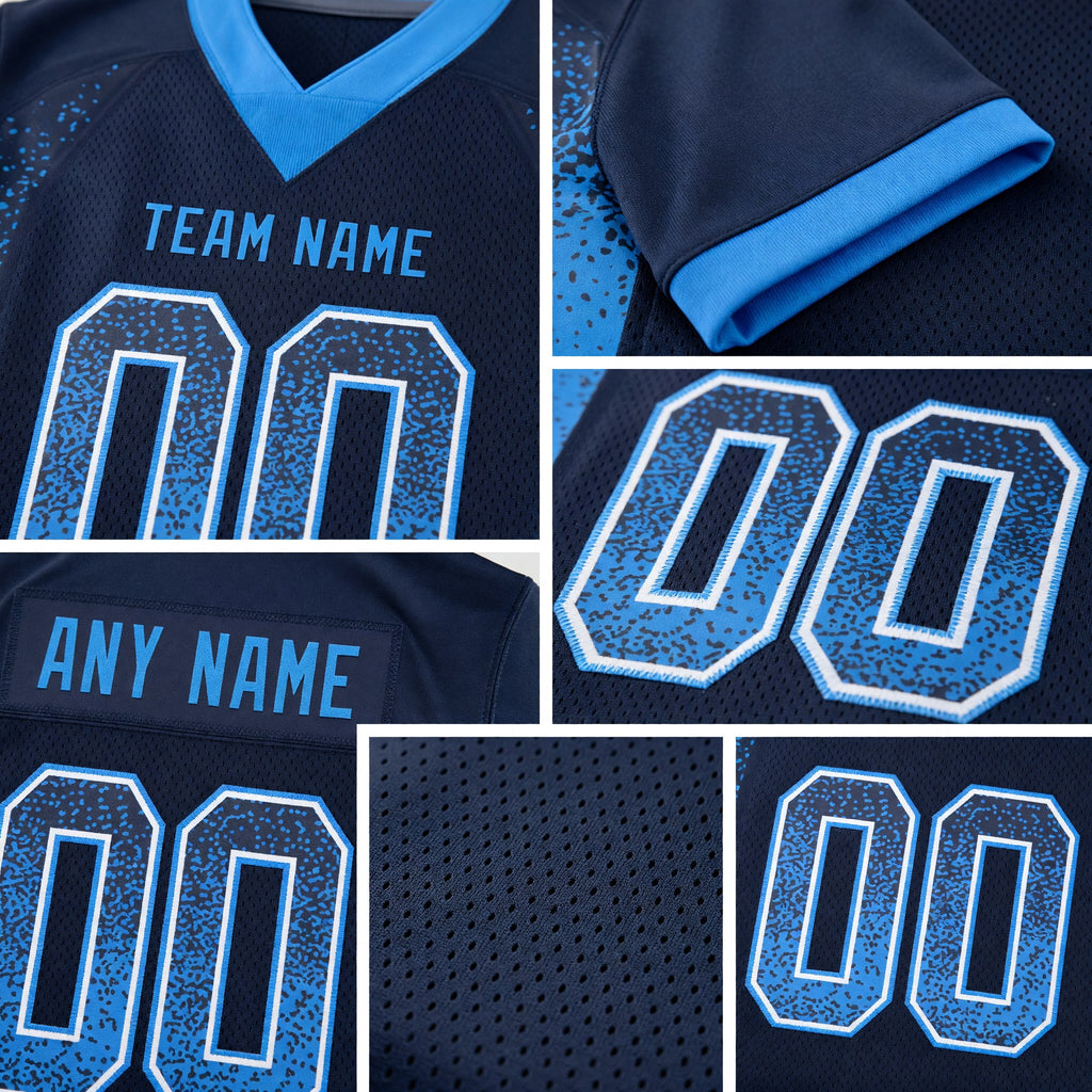 Custom Navy Powder Blue-White Drift Fashion Football Jersey detail
