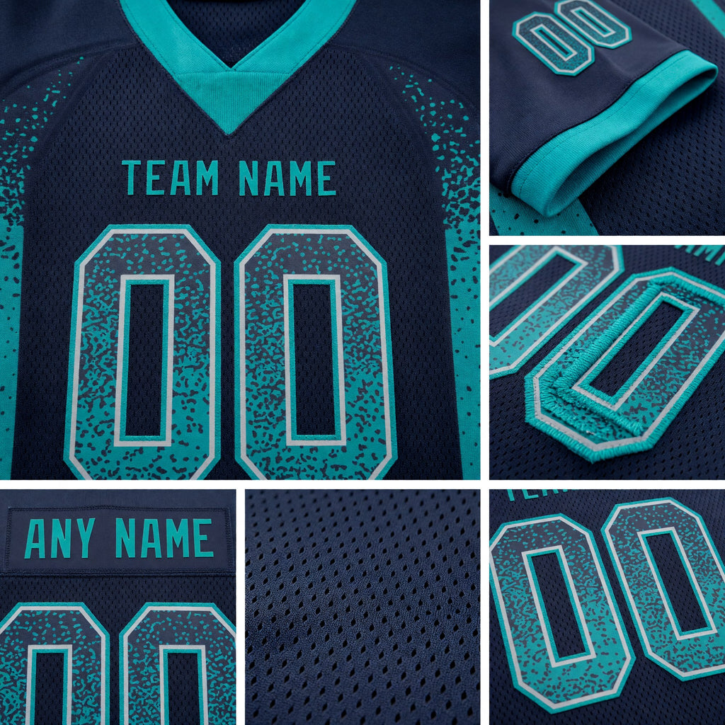 Custom Navy Teal-Gray Drift Fashion Football Jersey detail
