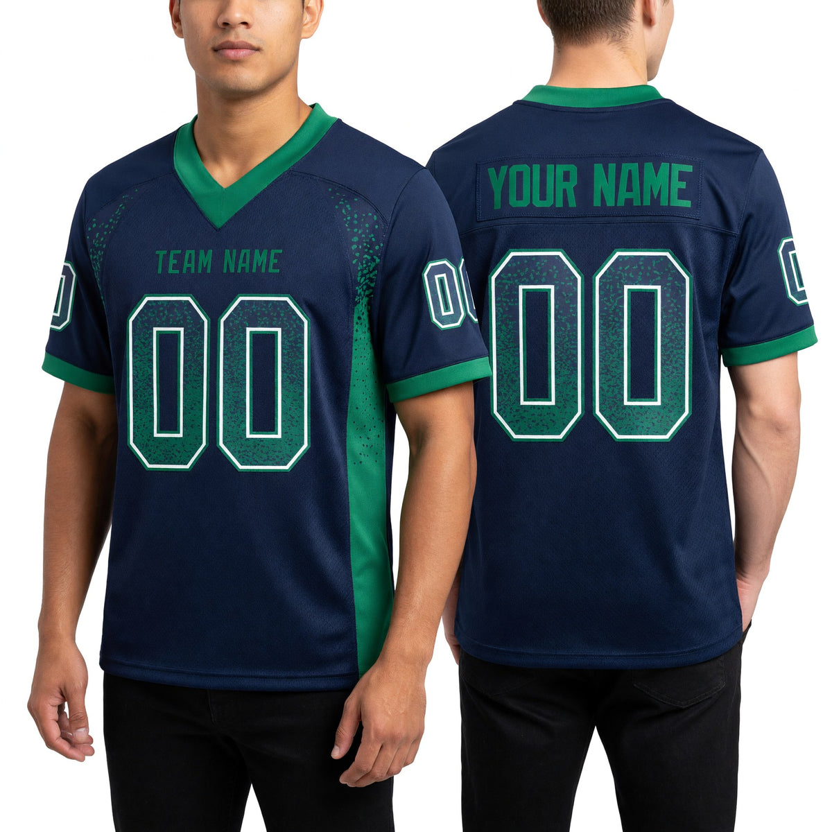 Custom Navy Kelly Green-White Drift Fashion Football Jersey worn front and back