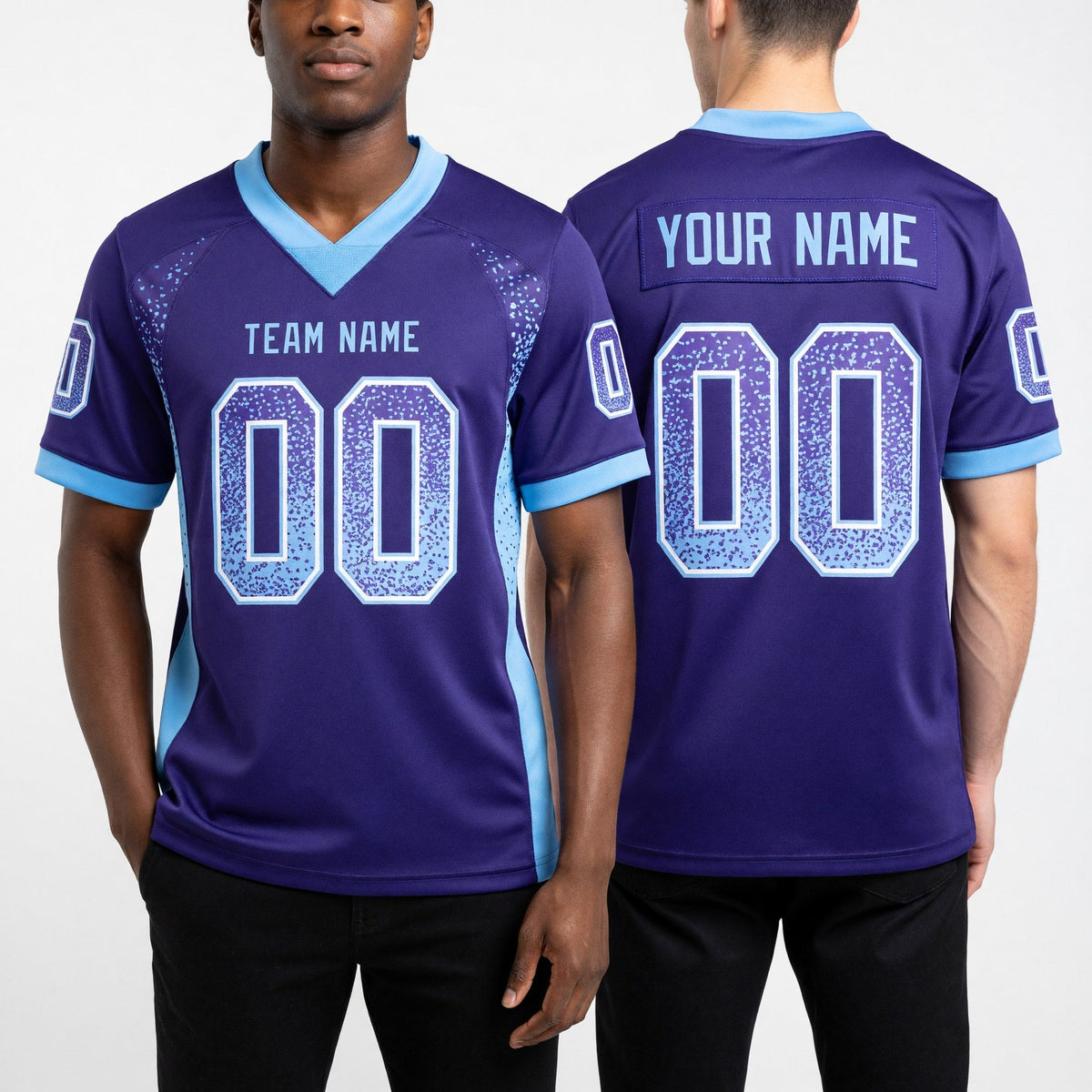 Custom Purple Light Blue-White Drift Fashion Football Jersey worn front and back