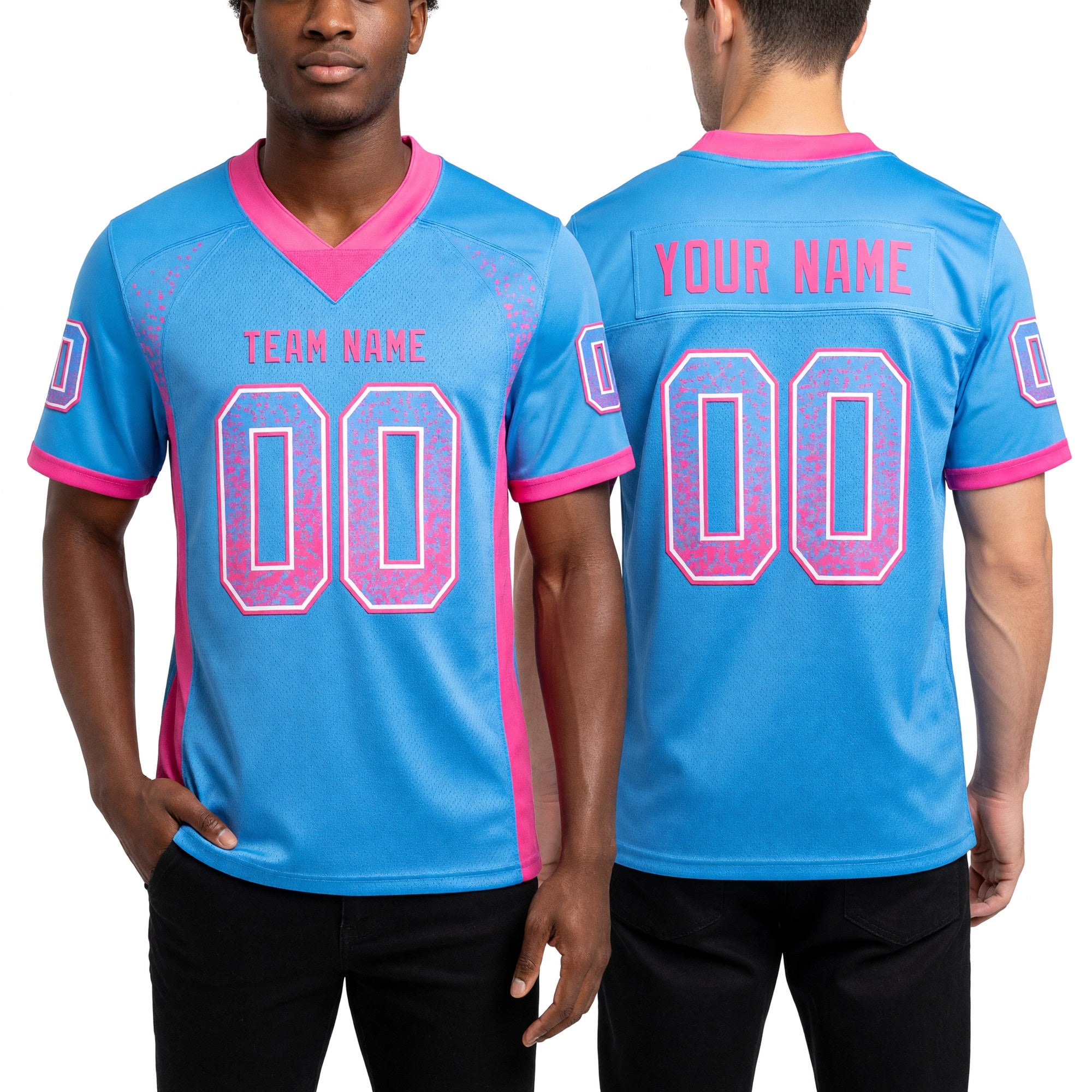 Custom Powder Blue Pink-White Drift Fashion Football Jersey worn front and back