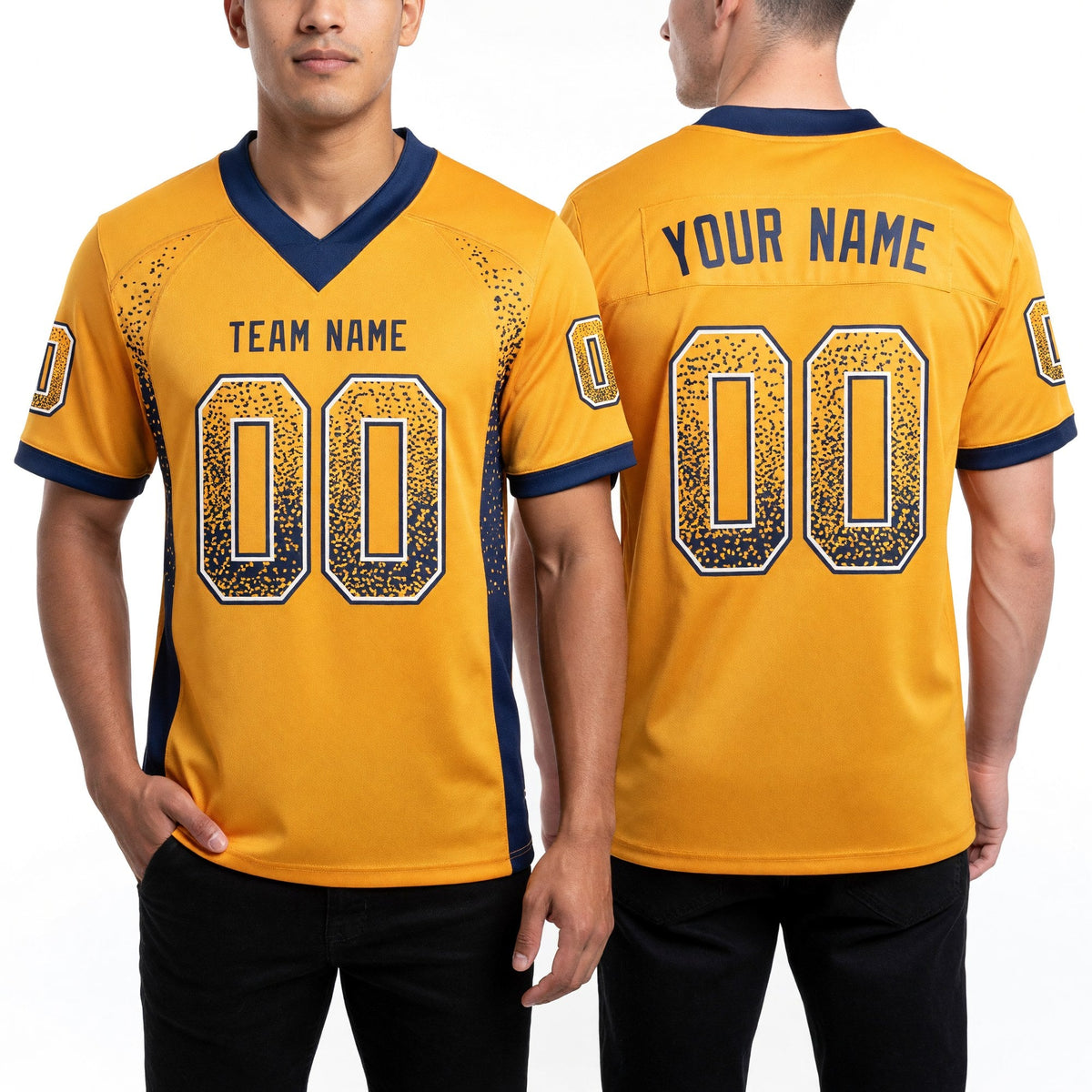 Custom Gold Navy-White Drift Fashion Football Jersey worn front and back