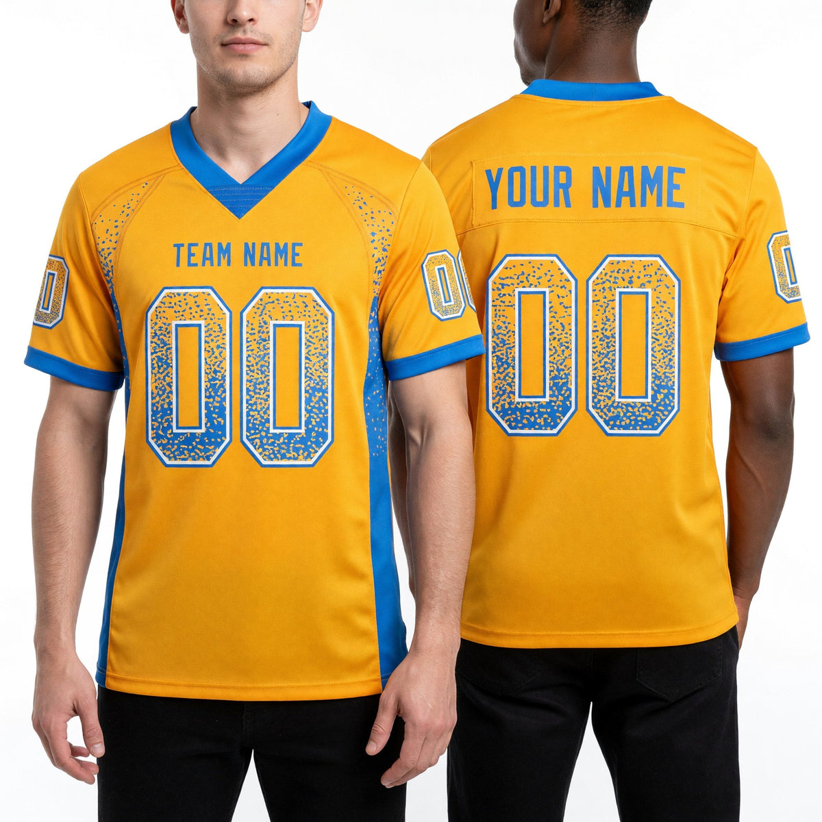 Custom Gold Powder Blue-White Drift Fashion Football Jersey worn front and back