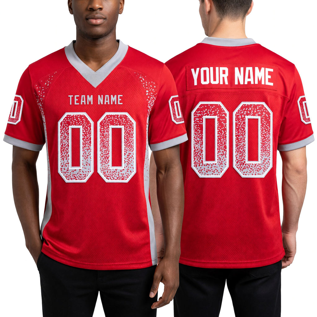 Custom Red Gray-White Drift Fashion Football Jersey worn front and back