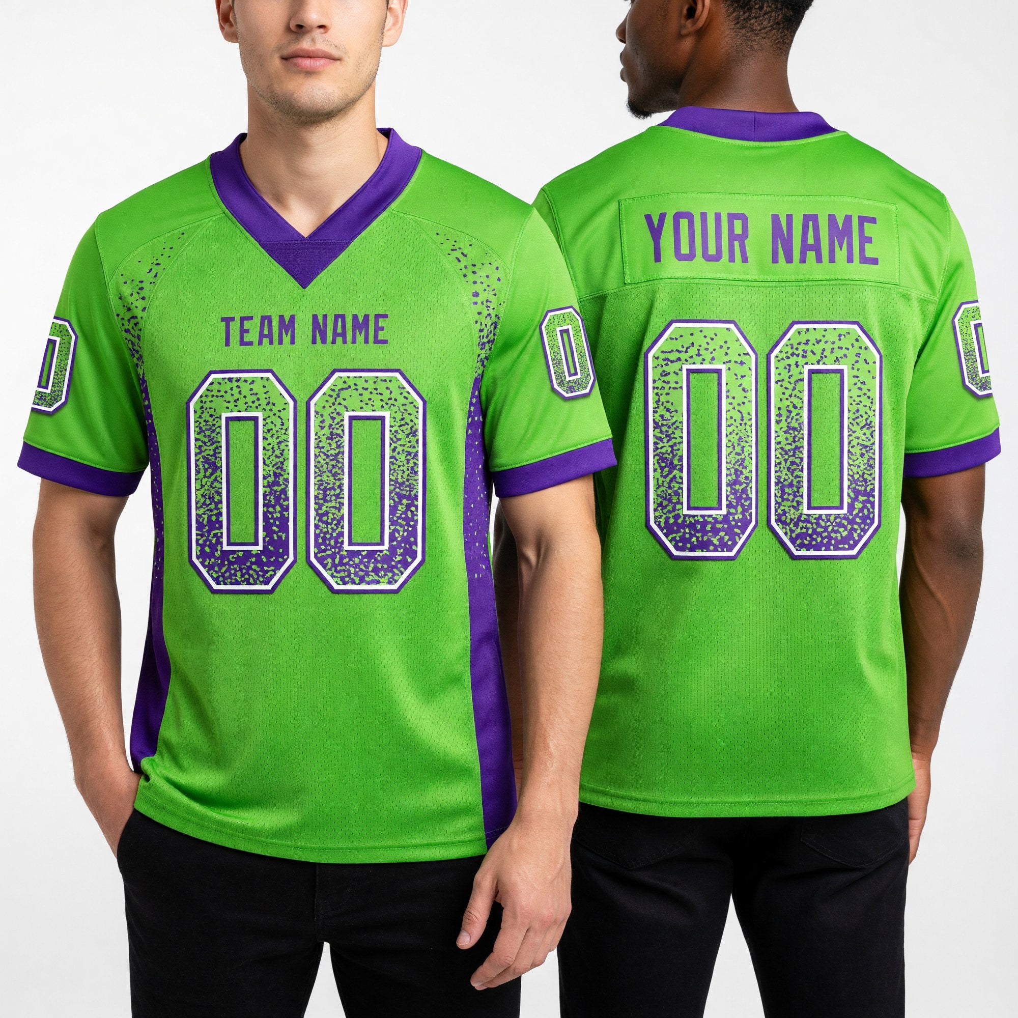 Custom Neon Green Purple-White Drift Fashion Football Jersey worn front and back