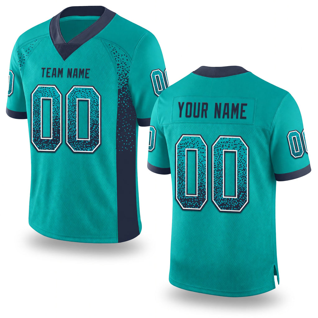 Custom Aqua Navy-White Drift Fashion Football Jersey