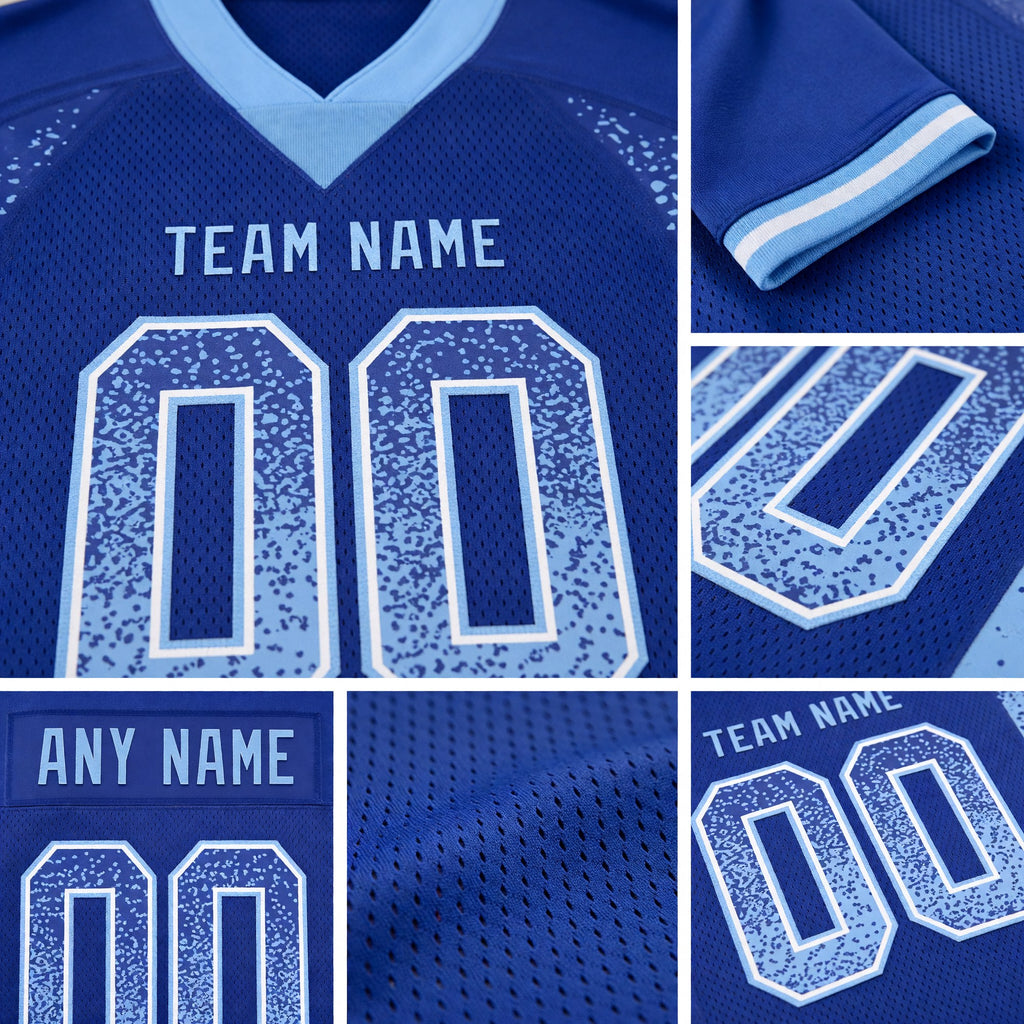 Custom Royal Light Blue-White Drift Fashion Football Jersey detail