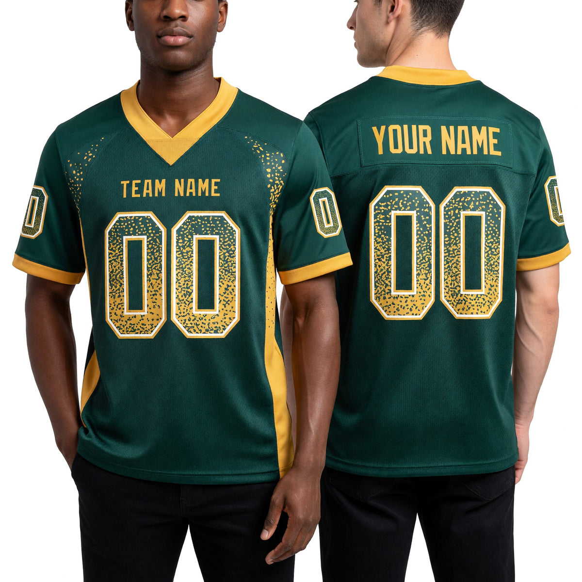 Custom Green Old Gold-White Drift Fashion Football Jersey worn front and back