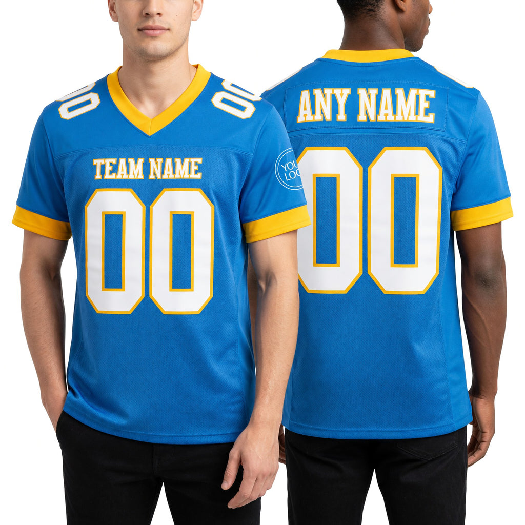 Custom Powder Blue White-Gold Mesh Authentic Football Jersey worn front and back