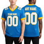 Custom Powder Blue White-Gold Mesh Authentic Football Jersey worn front and back