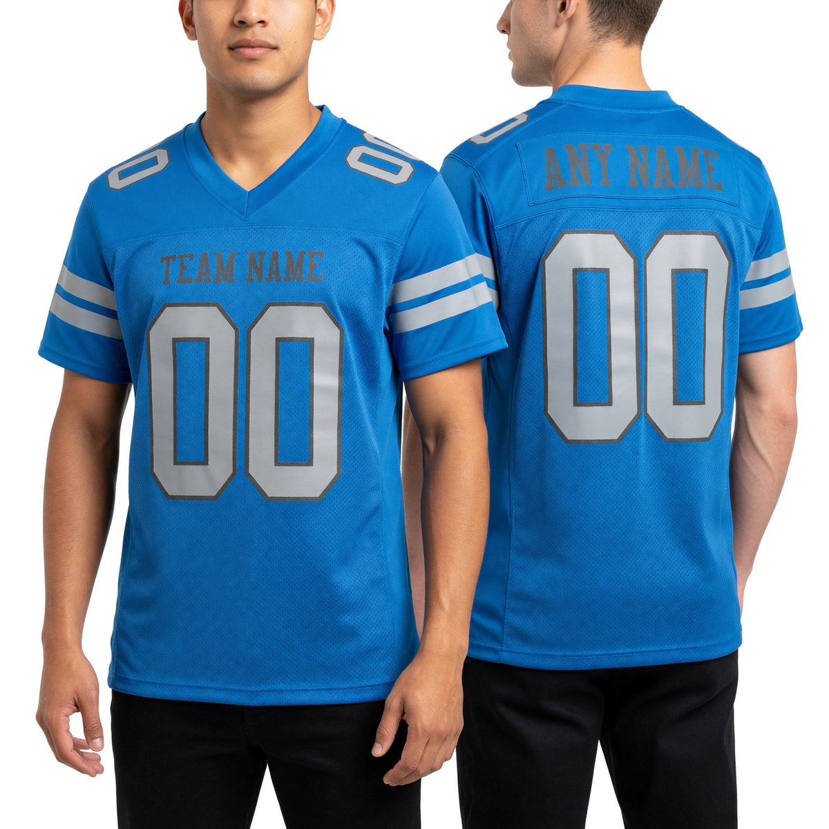 Custom Powder Blue Gray-Steel Gray Mesh Authentic Football Jersey worn front and back