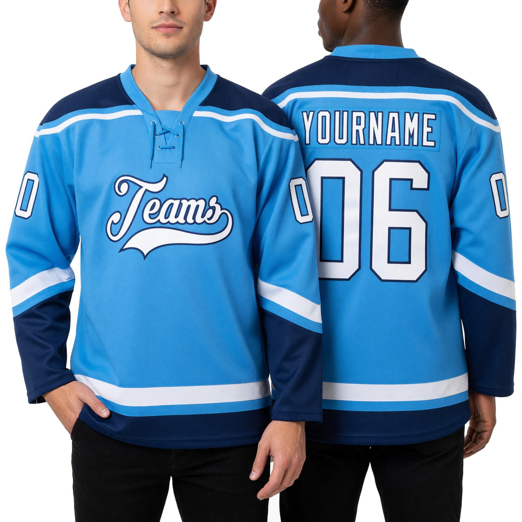 Custom Powder Blue White-Royal Hockey Lace Neck Jersey worn front and back